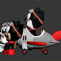 Three Black White Cartoon Toy Figures With Airplane Model Goggles Red Base Design