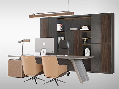 Modern Office Interior With Wooden Pendant Light Desk Brown Chairs And Bookshelf 3d model