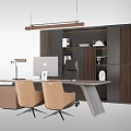 Modern Office Interior With Wooden Pendant Light Desk Brown Chairs And Bookshelf