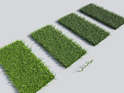 Four Green Rectangular Grass Turf Pieces Arranged On Gray Background With Scattered Blades 3d model