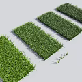 Four Green Rectangular Grass Turf Pieces Arranged On Gray Background With Scattered Blades 3d model