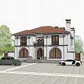 Classical Detached Villa White Exterior Red Tile Roof Arched Windows And Vintage Truck