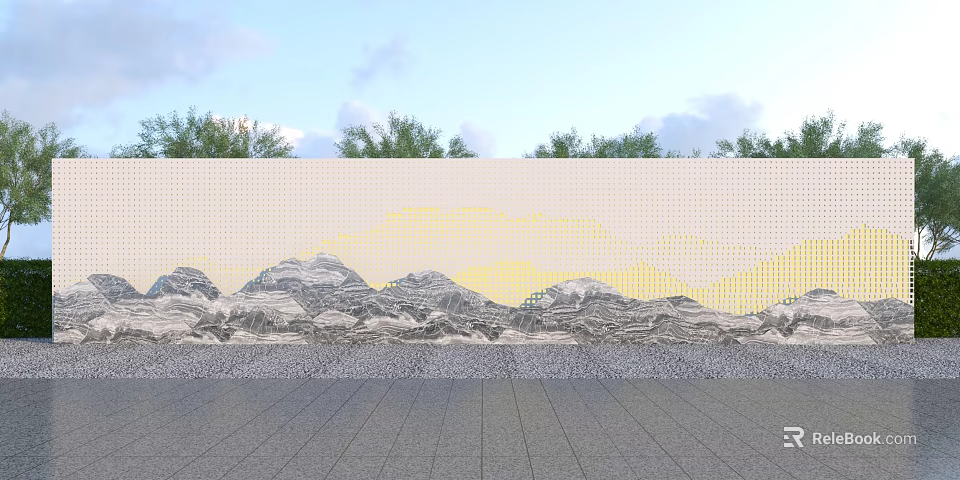 Outdoor White Landscape Wall Featuring Yellow Gray Mountain Pattern And Tree Background 3d model 