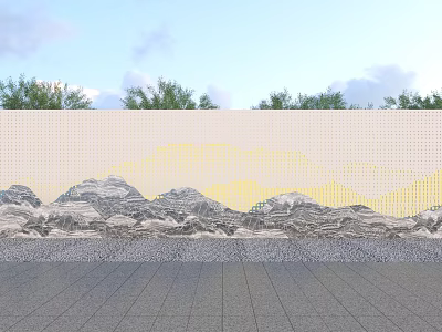 Outdoor White Landscape Wall Featuring Yellow Gray Mountain Pattern And Tree Background 3d model