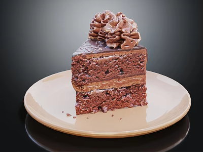 Rich Layered Chocolate Cake With Whipped Cream On Beige Plate 3d model