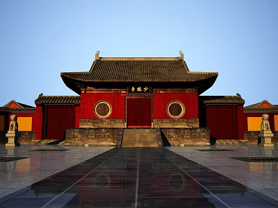 Ancient Chinese Architecture With Red Walls Circular Windows Traditional Roof And Stone Steps 3d model
