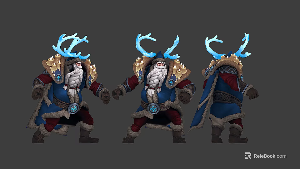 Man In Blue Gold Outfit With Blue Antlers White Beard Red Pants From Different Angles 3d model 