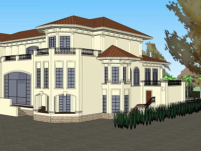 Two Story Classical Hotel Building With Red Roof White Exterior Balcony And Green Plants 3d model