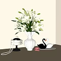 Decorative Ornament Set With White Lilies In Vase Swan Figurines Black Cloche And Wooden Tabletop