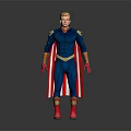 Game Movie Character in Blue Costume with Red Cape Gold Accents and Red Boots