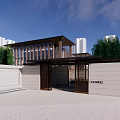 Modern Sales Office Building Featuring Wooden Structure Glass Curtain Walls Water Pool And Steps