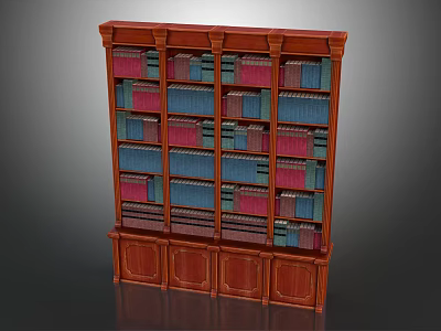 Traditional Brown Wooden Bookshelf With Shelves Filled Colorful Red Blue Books Cabinet Doors At Bottom 3d model