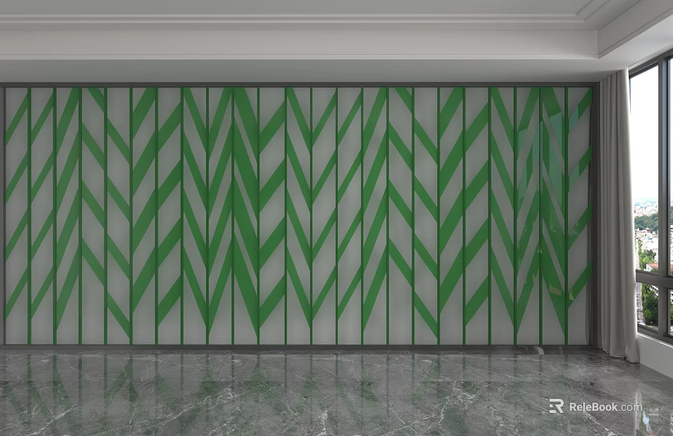 Modern Glass Partition With Green And White Geometric Leaf Pattern Design 3d model
