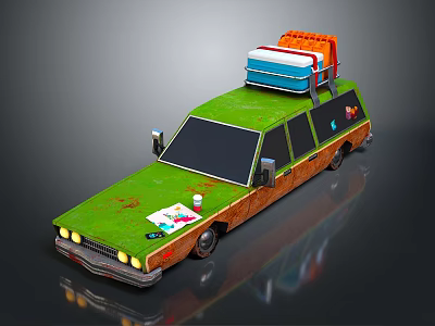 Vintage Green And Brown Station Wagon With Roof Luggage Carrier And Decorative Stickers 3d model