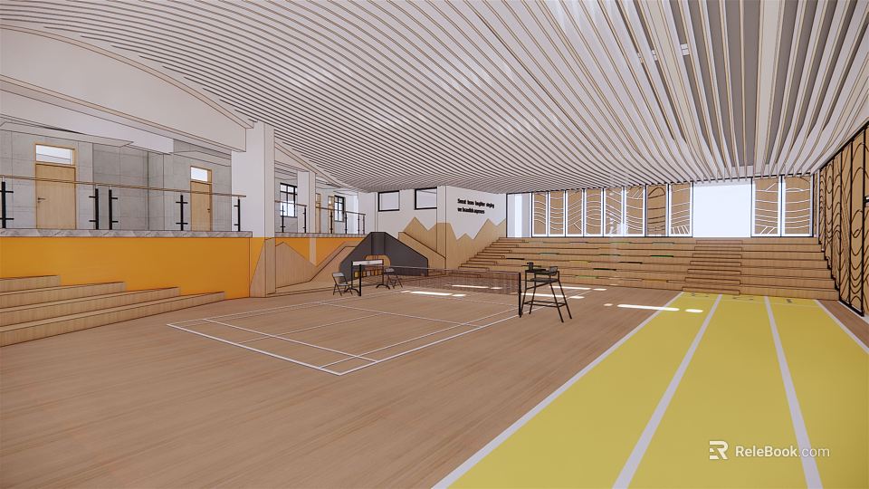 Indoor Sports Hall With Wooden Floor Badminton Lines Bleachers And Striped Ceiling 3d model 