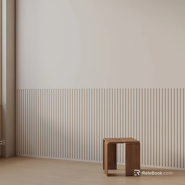 Minimalist Wooden Side Table in Modern Interior with Vertical Striped Wall 3d model 