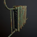 Old Rusty Green Radiator With Multiple Fins Metal Pipes And Valve