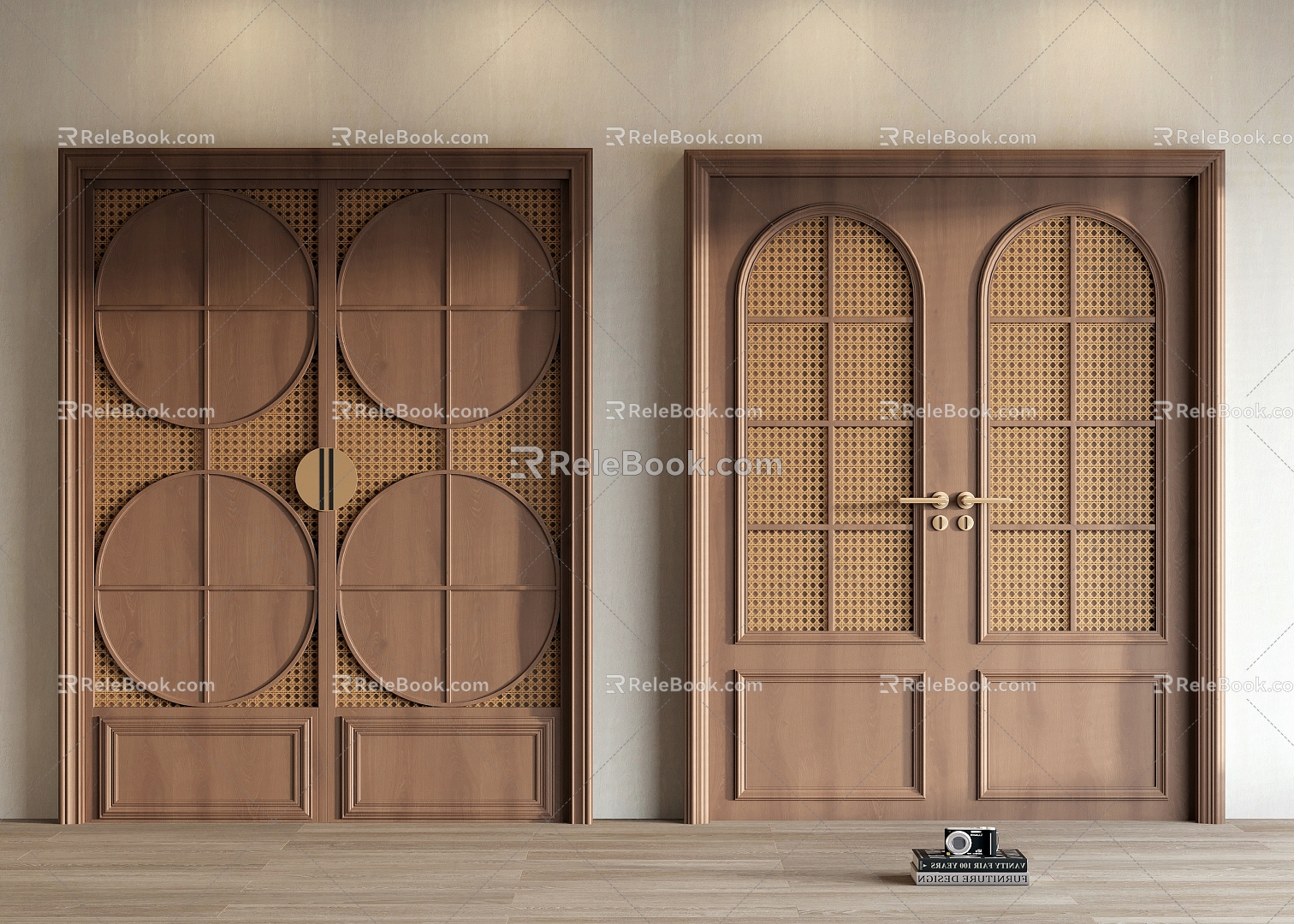 Antique double door solid wood sliding door entry door lock 3d model