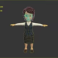 3D Cartoon Female Character With Glasses White Shirt Blue Vest Dark Skirt And Arms Outstretched
