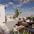 Rooftop Garden Space With Large Green Plants Outdoor Seating White Flooring And Cloudy Blue Sky