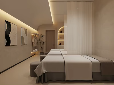 Serene SPA Sauna Interior Design With Soft Lighting Massage Beds Light Walls And Decorative Paintings 3d model