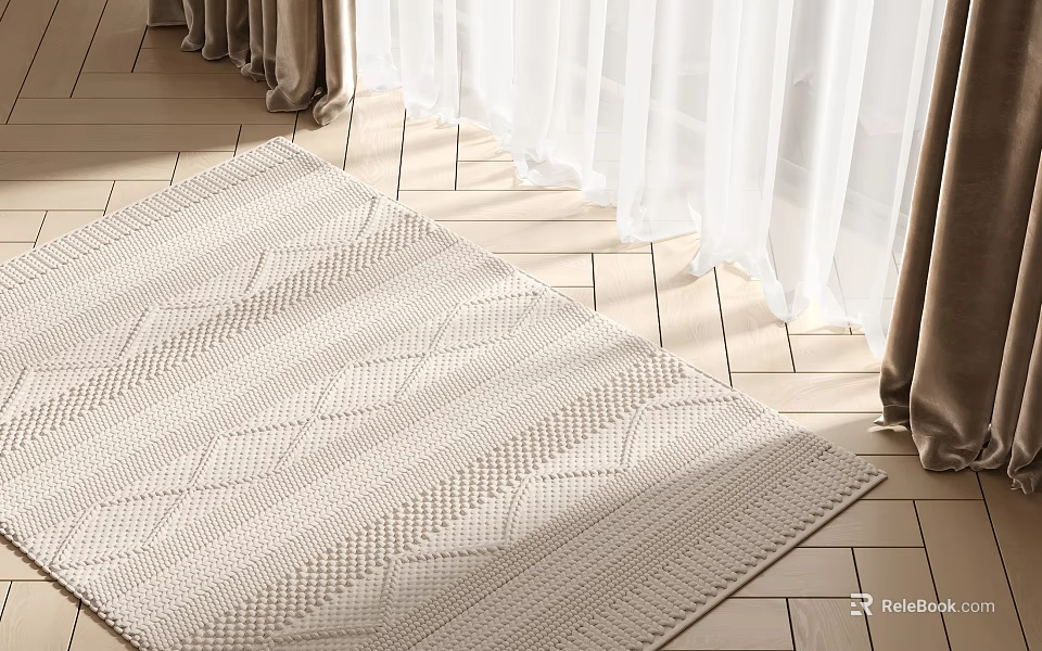 Light Colored Square Rug With Geometric Patterns On Wooden Floor By Curtains 3d model 