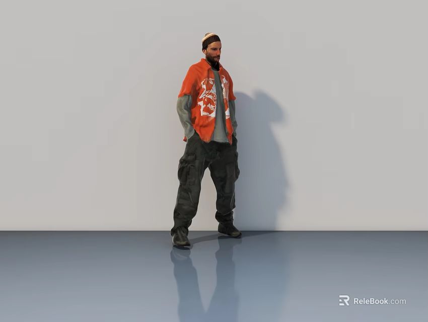 Grey Hinged Door with Man in Orange Shirt and Dark Pants on Reflective Floor 3d model 