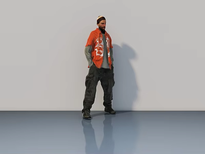 Grey Hinged Door with Man in Orange Shirt and Dark Pants on Reflective Floor 3d model