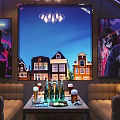 Stylish Bar Interior Featuring ShowTime Neon Lights Chandelier And Cozy Sofa Lounge With Cityscape Backdrop