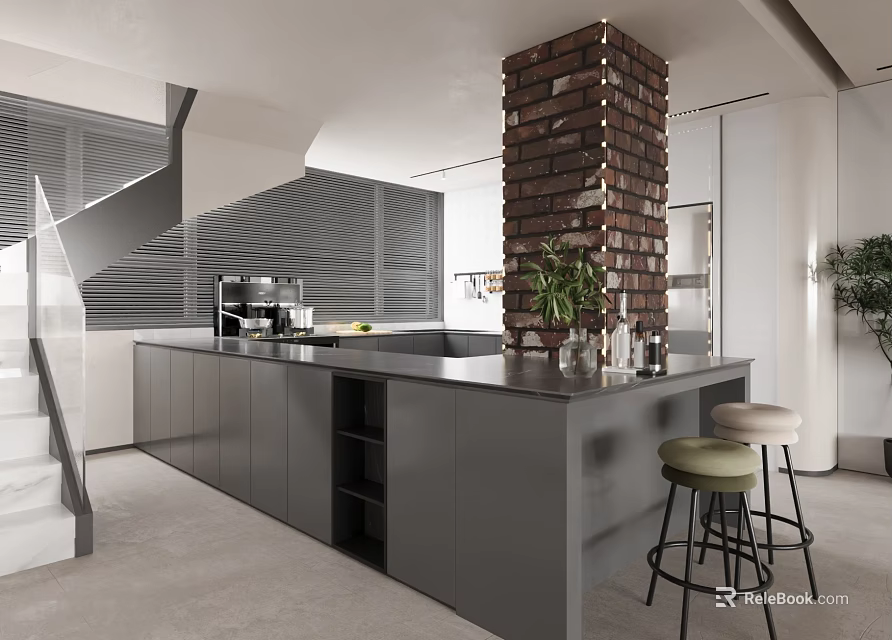 Modern Open Restaurant Kitchen Interior With Brick Wall Island And Bar Stools 3d model 