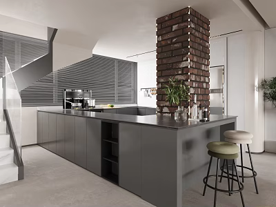 Modern Open Restaurant Kitchen Interior With Brick Wall Island And Bar Stools 3d model