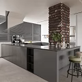 Modern Open Restaurant Kitchen Interior With Brick Wall Island And Bar Stools