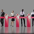 People In Formal Attire At Red Pedestals With Flower Arrangements And LOGO Ceremony Event