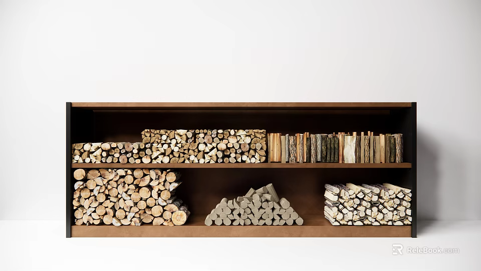 Organized Shelf With Stacked Firewood And Piled Stones For Storage 3d model 