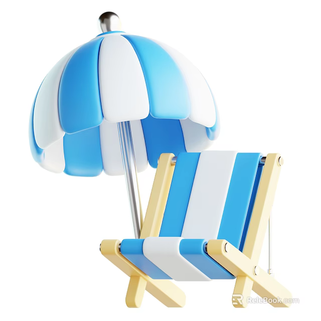 Stylish Outdoor Lounge Chair with Blue and White Stripes and Matching Umbrella 3d model 