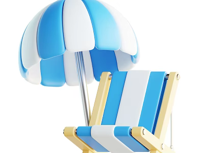 Stylish Outdoor Lounge Chair with Blue and White Stripes and Matching Umbrella 3d model