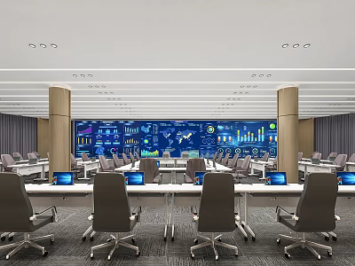 Modern Monitoring Room With Multiple Screens Control Desks Data Displays And Ergonomic Chairs 3d model