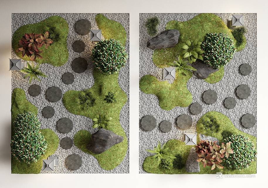 Garden Stepping Stones Path In Landscape Design With Green Grass Rocks And Plants 3d model 