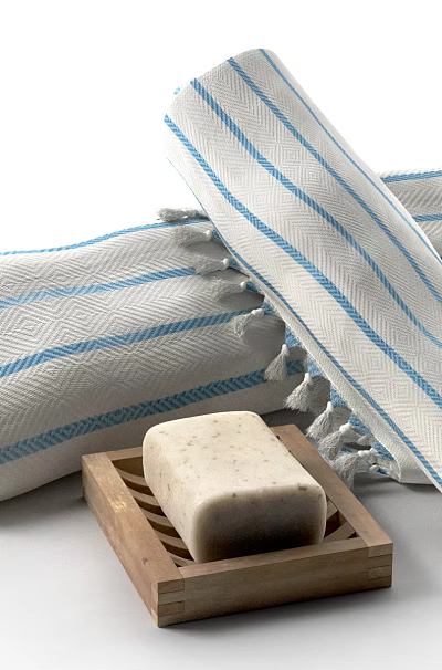 Soft Rolled Blue And White Striped Towels With Soap On Wooden Tray For Bathroom 3d model