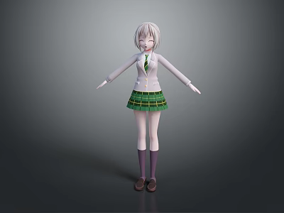 Child Wearing School Uniform White Shirt Green Tie Green Plaid Skirt Standing With Arms Outstretched 3d model