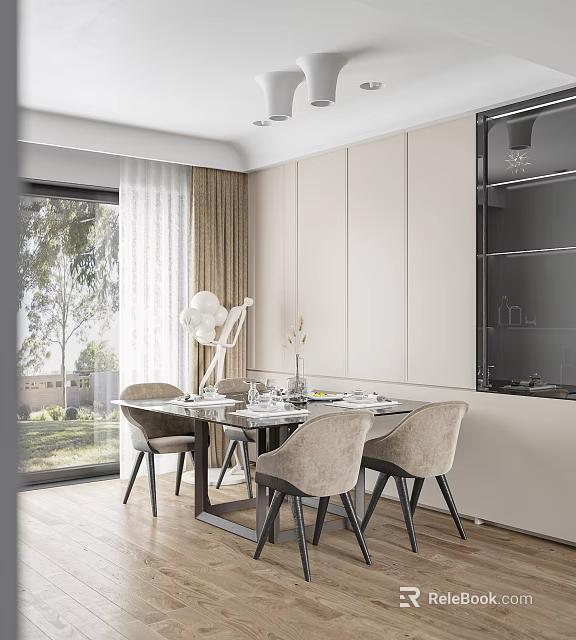 Modern Dining Set With Upholstered Chairs Natural Light Through Large Window 3d model