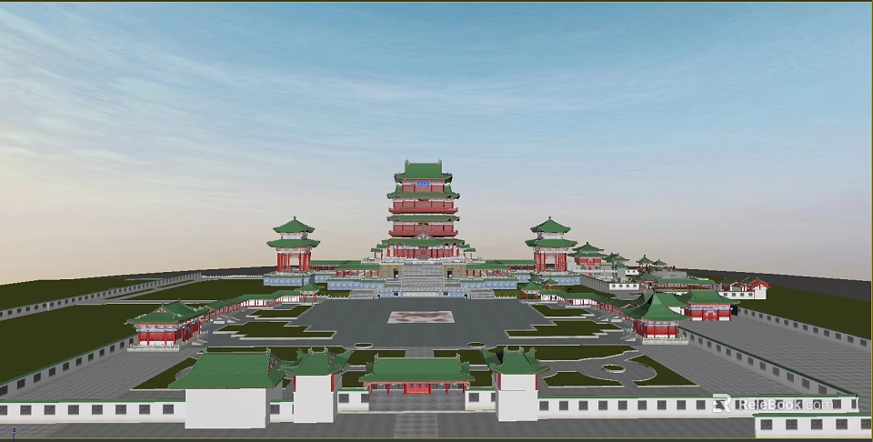 Ancient Chinese Architecture With Multi tiered Tower Green Roofs Red Walls And Symmetric Courtyard 3d model 
