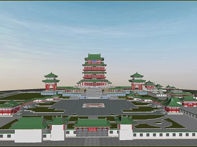 Ancient Chinese Architecture With Multi tiered Tower Green Roofs Red Walls And Symmetric Courtyard 3d model