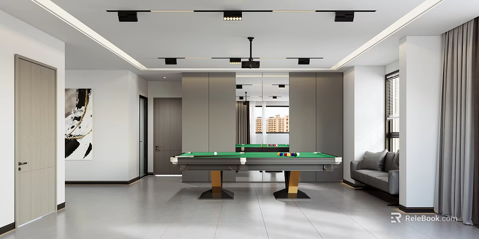 Modern Billiard Room Interior Design With Green Felt Table And Gray Sofa 3d model