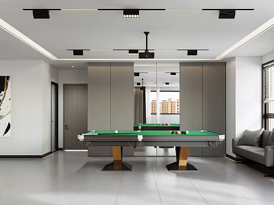 Modern Billiard Room Interior Design With Green Felt Table And Gray Sofa 3d model