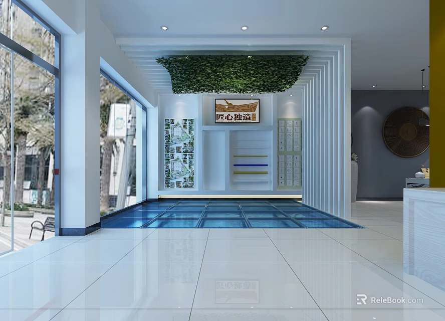 Modern Front Desk Reception Area With Green Plant Wall And Display Shelves 3d model 