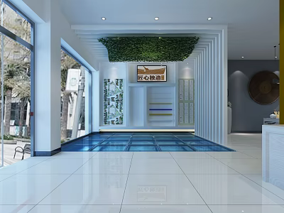 Modern Front Desk Reception Area With Green Plant Wall And Display Shelves 3d model