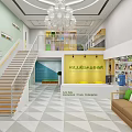 Kindergarten Corridor With Wooden Bookshelves Colorful Storage Boxes Blackboard Wall Children's Doodles And Green Seats