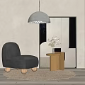 Black Suede Single Seater Sofa With Wooden Legs Side Table Flowers Large Mirror And Rug