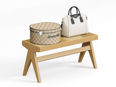 Wooden Bench Style Storage Shelf With Round Patterned Box And White Handbag 3d model